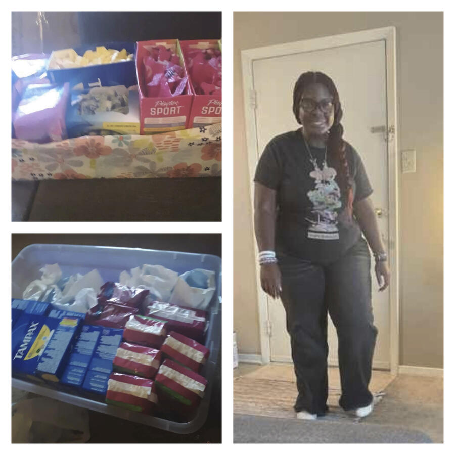 Picture of Shekinah Thomas with period products to distribute through the "Period Project."